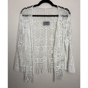 Ruff Hewn Women's Crochet Open Front Long Sleeve Cardigan White Size Large